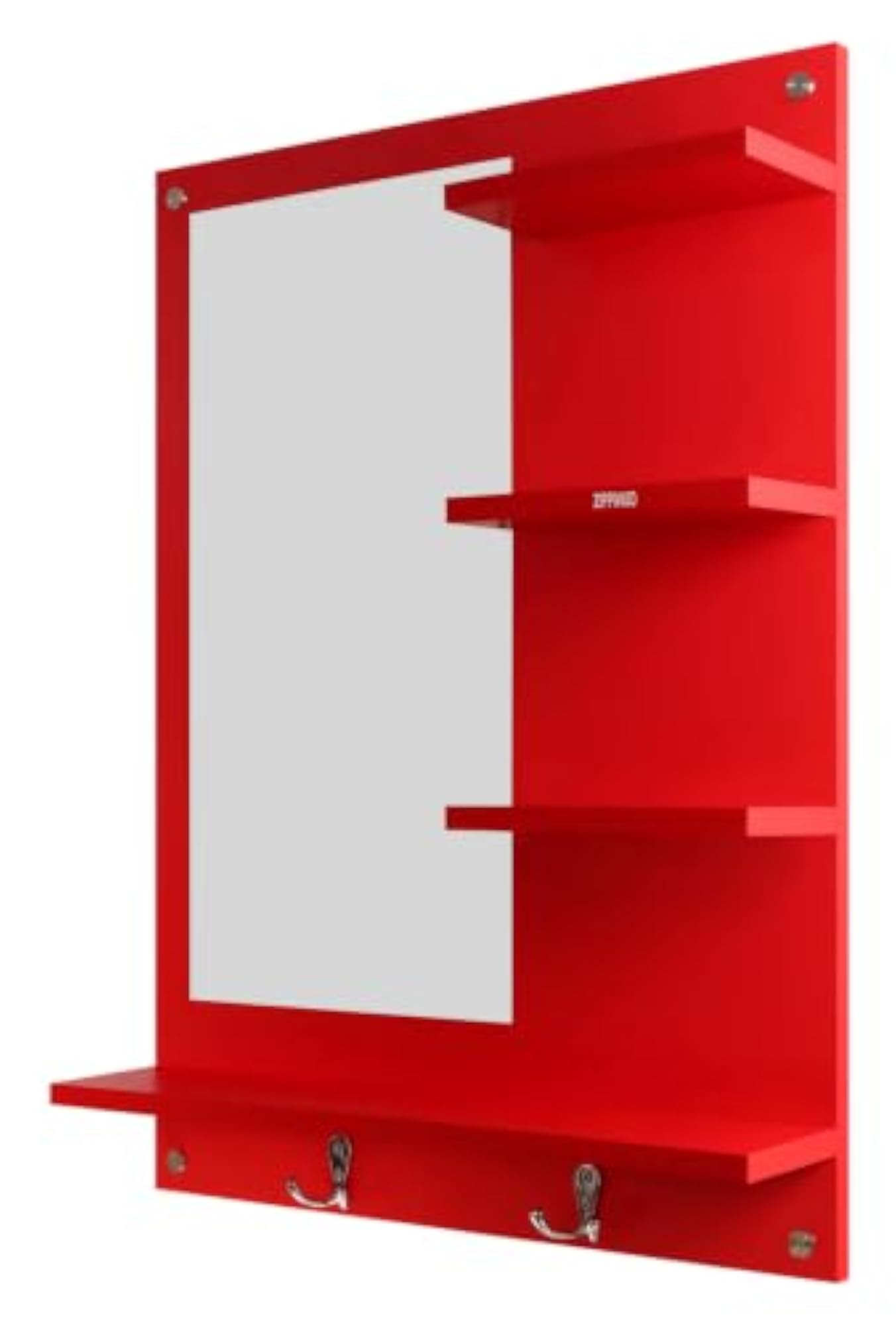 Engineered Wood Wall Mounted Mirror with Shelves and Hooks, Red