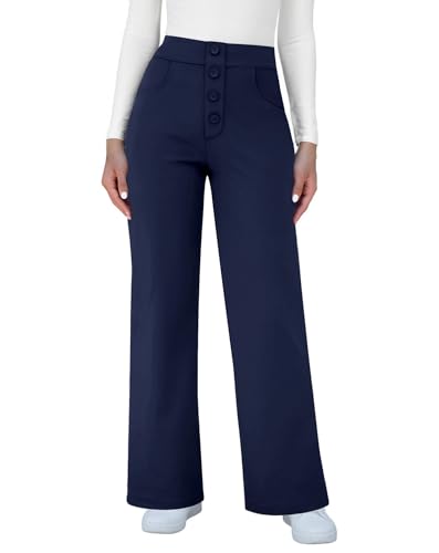 keriffe Womens Wide Leg Dress Casual Pants Pockets High Waist Button Stretchy Business Work Trousers Office Slacks