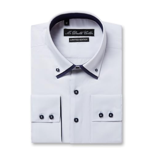 MrDoubleCollar Chemise blanche à manches longues pour homme Design italien décontracté formel bleu marine double col, Blanc avec col bleu marine, M