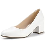 IDIFU White Heels Women's Pumps Closed Round Toe Low Block Chunky Heels Short Small Thick Wedding Bridal Bride Work Prom Dress Shoes for Women Cute Dressy Formal Classic Pumps Shoes(White Pu, 9)