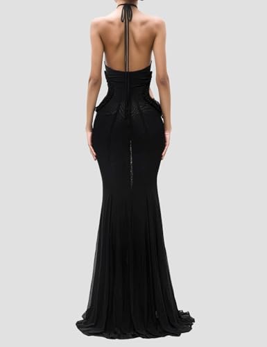 Image of Women's Halter Neck Butterfly Cutout Maxi Dress Backless Slim Fit Mermaid Gown for Beach Vacation Party Elegant Dress