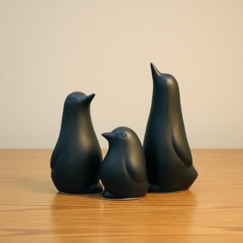 Image of Ceramic Penguin Family Figurine - Set of 3 | Black Penguin Figurines for Home Decor | Modern Nordic Tabletop Accent for Living Room, Bedroom, Office Desk & Shelves | Gift for Housewarming