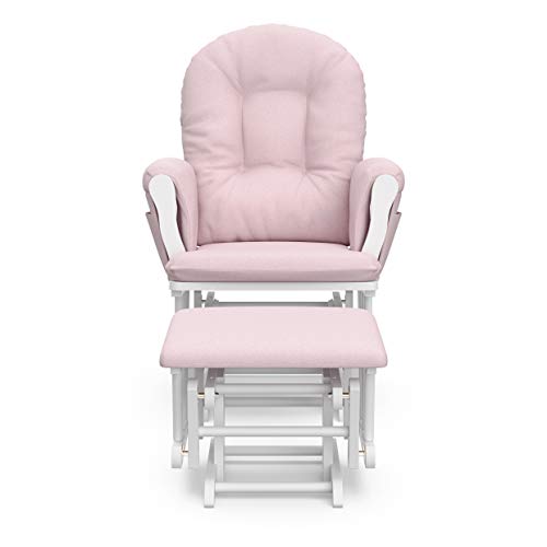 Storkcraft Premium Hoop Glider and Ottoman (White Base, Pink Swirl Cushion) – Padded Cushions with Storage Pocket, Smooth Rocking Motion, Easy to Assemble, Solid Hardwood Base