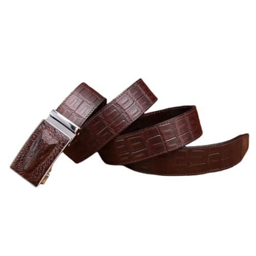 Men's Leather Stitching Belt Automatic Ratchet Buckle Slide Waist Strap Trim to Fit with Engraved Crocodile Head(110cm/43, Brown)2