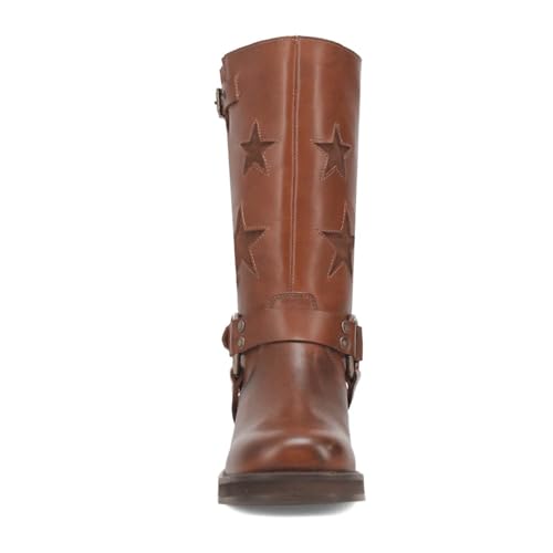 Image of Goolita Women's Buckle Biker Knee High Boots Square Toe Chunky Heel Star Moto Mid Calf Boots Slip On Motorcycle Riding Boot