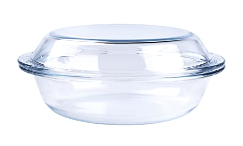 HUSANMP Teglia rotonda in vetro temperato, 1,8 l, in vetro con coperchio per forno, congelatore e lavabile in lavastoviglie