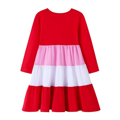 Image of Girl Long Sleeve Dress Ruffle Rainbow Color Block Cotton Casual Tiered Pleated Twirly Dress