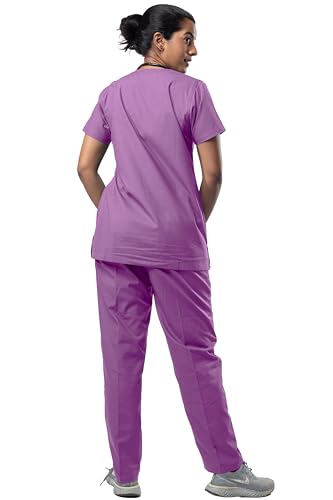 Image of UNIFORM CRAFT Women's 4 Pocket Scrub Suit Set | Medical Uniform | Cross V-Neck Poly Cotton | Short Sleeve Hospital Wear | Ideal for Doctors & Nurses (Lavender, L)