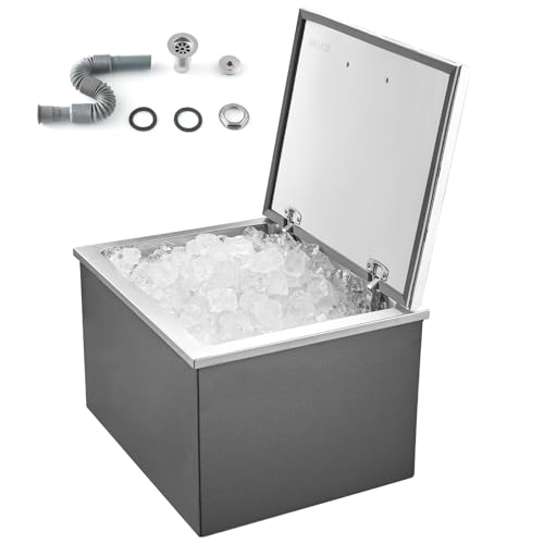 VEVOR Drop in Ice Chest, 20' L x 16' W x 13' H Stainless Steel Drop in Cooler, 44.7 Quart Commercial Ice Bin with Flip Lid for Outdoor Kitchen Patio Bar, Drain-Pipe Set Included, for Cold Wine Beer