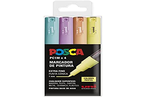 UNI Posca Estuche de 4 Rotuladores PC1M de Color Pastel de Punta Cónica Extra Fino