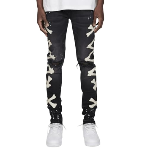 Jeans Pants Trousers Denim Ripped Print Elastic Tight Personality Street Trendy Casual Commuting for Men