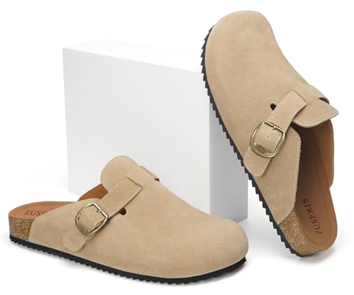 Image of ZUSERIS Suede Clogs for Women Men Wide Width Leather Mules | Soft Cork Footbed,Arch Support,Comfort Potato Shoes