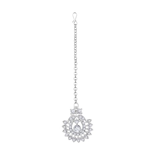 Image of Atasi International Silver Plated White Crystals American Diamonds Stylish Necklace Set with Earrings and Maang Tikka for Women and Girls | Stylish Jewellery for Party, Wedding and Festive Occasions (R6154)