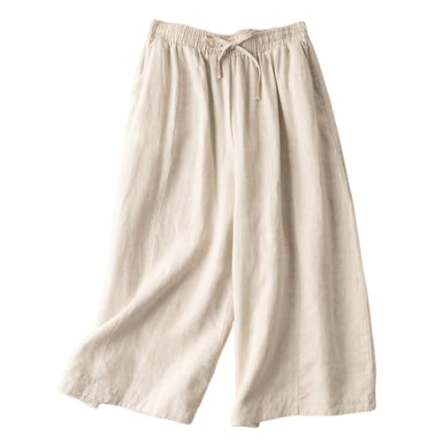 Women's Palazzo Trousers with Pockets Solid Cotton Linen Wide Leg Pants Summer Casual Elastic Waist Palazzo Pant
