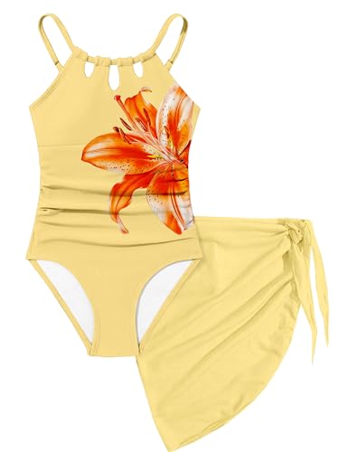 Image of KANGKANG Girls Swimsuit Quick Dry Cut Out One Piece Swimsuits with Tropical Print Cover Up Skirt Bathing Suit Swimwear 7-18Y