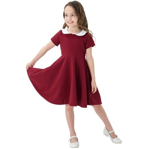 KISBINI Girls Short Sleeve Peter Pan Collar Dress Casual Vintage Flare Skater Dresses for Girls 2-12 Years2