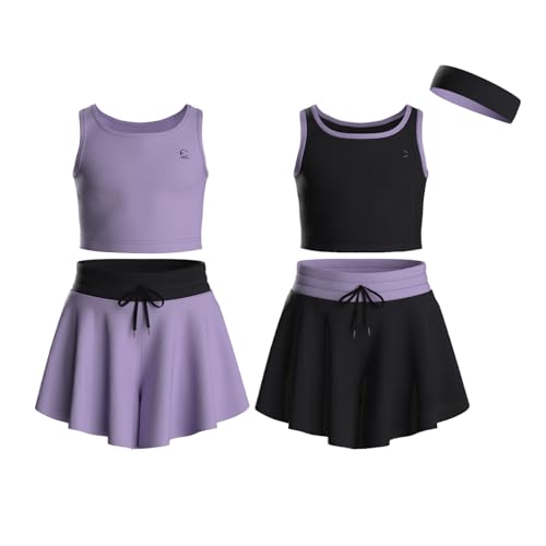 Essenclo - Essenclo Flowy Girls Butterfly Shorts Skirts w/Pockets & Athletic Sleeveless Tank Tops, Dance Tennis Cheer Running (5pc Set) - E2106 - Set-1-9-10