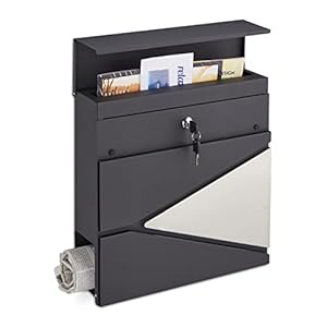 Relaxdays Brievenbus met krantenvak, modern, afsluitbaar, brievenbus h x b x d: 37 x 37 x 11 cm, staal, zwart/zilver