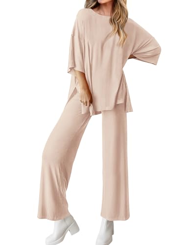 Image of BTFBM Women 2 Piece Outfits Casual Loose Slit Short Sleeve Top Wide Leg Pants Matching Lounge Sets Tracksuit With Pocket