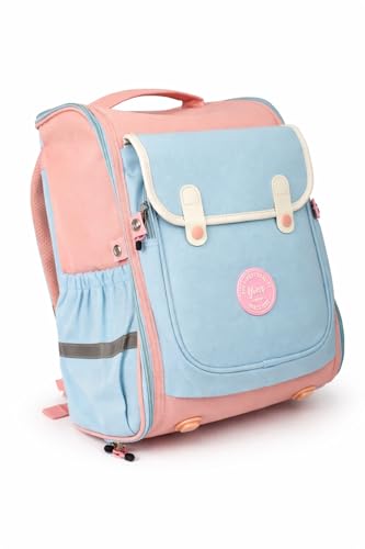 Mochila Escolar Adolescente Feminina Colors Pastel Estilo Coreano em Poliéster com Bolsos Laterais e Zíper Reforçado (Azul Bebê)