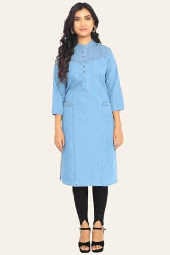 Image of Denim Kurta for Women Stylish | Women Kurtas | with 3 /4 Sleeves | Mandarin Neck | A-line Kurta