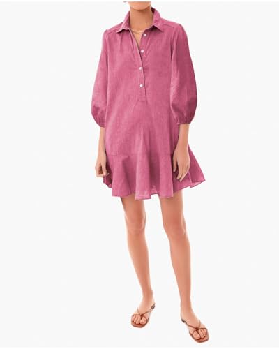 Image of YEXPINE Women Button Down Dress Casual 3 /4 Puff Sleeve Cotton Linen Dress Flowy Ruffle Hem Tunic Shirt Dresses