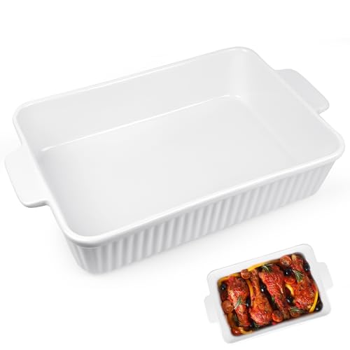 AZKEEGREY Cazuela grande de cerámica rectangular de 4,5 litros con asa, 38 × 23 × 7,3 cm, color blanco, lasaña para horno de cerámica para cazuela de tiramisú