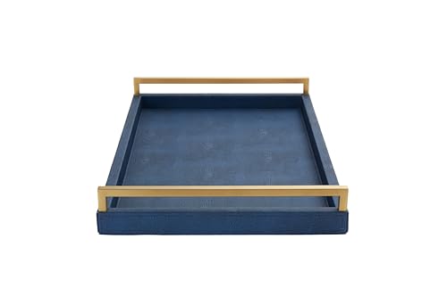 Navy Blue Ottoman Shagreen Leather Coffee Table Tray - Decorative Large Serving Tray With Gold Handles for Dining, Bar, Party, Kitchen Island, Bathroom Vanity