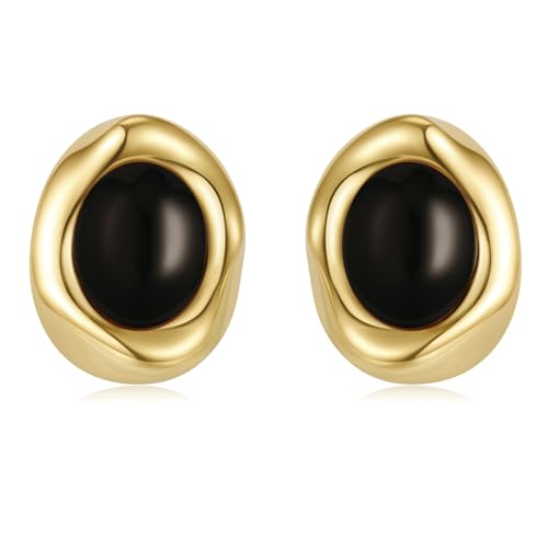 Dckazz Black and Gold Earrings for Women Black Stone Oval Stud Chunky Statement Earrings Trendy 14K Gold Plated