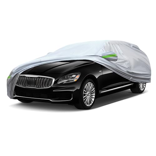 QUYDDC Full Car Cover Universal 6 Layers Outdoor Thicked All Weather Cover, Sunshield, Waterproof, Snow Proof, UV Proof, Scratch Proof, Bird Droppings, 6 Reflective Strips, Fits Sedans up 205'-216'