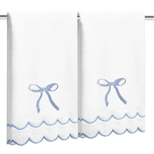 2 Pcs Coquette Bow Hand Towels 15.75 x 27.56 Inch Scalloped Embroidered Dish Towel 100% Cotton Cute Preppy Decorative Bath Hand Towel for Kitchen Bathroom (Blue)