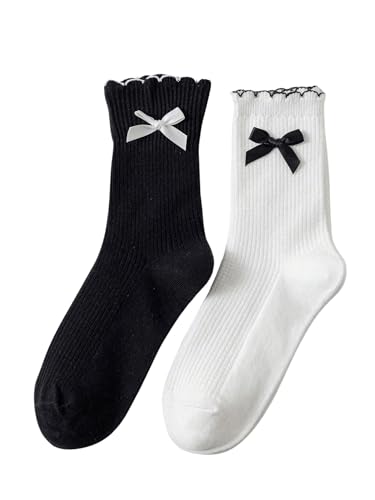 Image of Verdusa Women's 2 Pairs Bow Knot Scallop Edge Ribbed Crew Socks Black and White one size