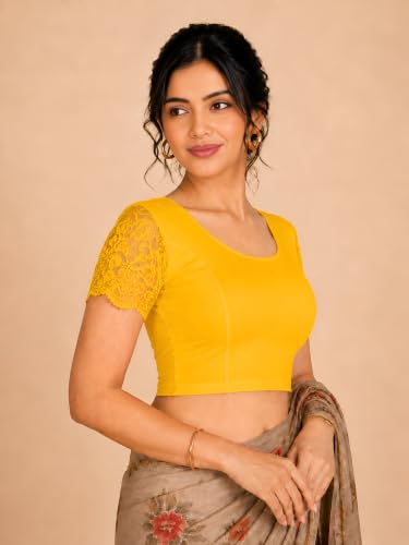 Image of Abhi Cotton Readymade Saree Blouse for Women- Half Net Sleeves, Round Neck, Regular-fit, Stretchable, Pull-on Style Blouse