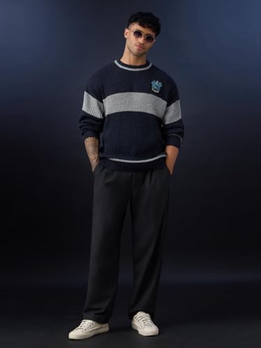 Image of The Souled Store Harry Potter: Lion's House Men and Boys Full Sleeves Crew Neck Striped Acrylic Ribbed Knit Pop-Culture Oversized Pullovers