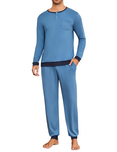 Leversic Piżama męska długa ze ściągaczami, kontrastowa piżama męska, zestaw bawełny, długi rękaw, bielizna nocna, S-4XL, M