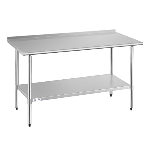 Image of ROCKPOINT Stainless Steel Table for Prep & Work with Backsplash 30x60 Inches, NSF Metal Commercial Kitchen Heavy Duty Table with Adjustable Under Shelf and Table Foot for Restaurant, Home and Hotel