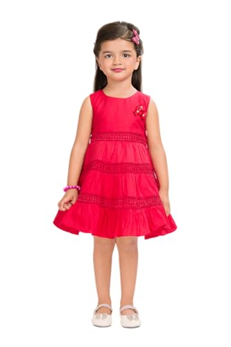 Image of Soft Cotton Lace Work Knee Length Fit & Flare Dress for Kids & Girls, Flower Embellished Frock for Casual & Special Occasion