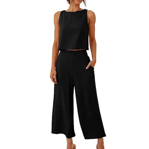 Women's Sleeveless Summer Two-Piece Tank Top and Pants 2 Piece Elegant Pantsuits Cotton Linen Jogging Suit Summer Outfit Business Casual Suit, black, m
