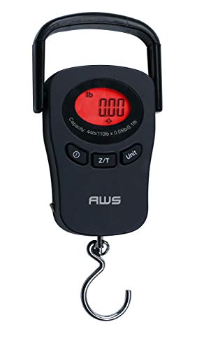 Image of American Weigh Scales PK-110 Digital Hanging Scale - 110lb x 0.1lb Capacity, Red Backlit LCD Display, Portable Electronic Luggage & Fishing Scale (Black)