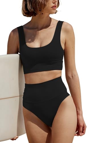 Women's High Waisted Bikini Sets Sporty 2 Piece Swimsuits Middle Cut Bathing Suits