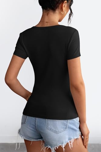 ATHMILE Women Short Sleeve V Neck Ribbed Knit Fitted Shirts Basic Tees Tops 2025 Summer Casual T-Shirts Going Out Outfits4