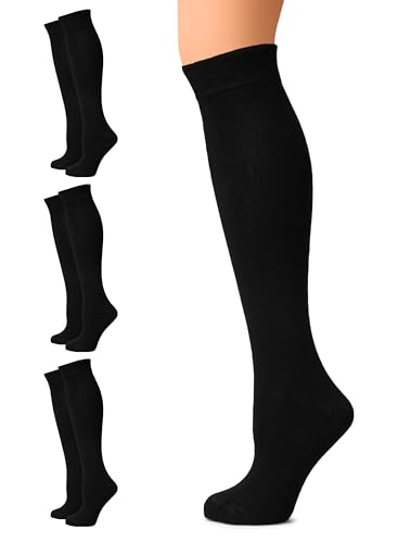 Women's Cotton Knee High Socks, Long Tube Dress Socks | Soft, Lightweight & Stretchy | Shoe Size: 5-8/8-11, 3 Pairs