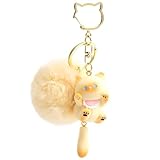 YILANFULL Kawaii Cat Keychain, Cute Cat Bag Charm with Pom Pom Ball, Adorable Backpack Keychains for Girls（Beige Cat）
