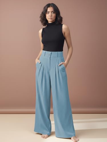 Image of GRECIILOOKS Trousers for Women High Waist | Wide Leg Trousers | Office Wear Pleated Korean Pants for Women's | Elegant Formal Pants