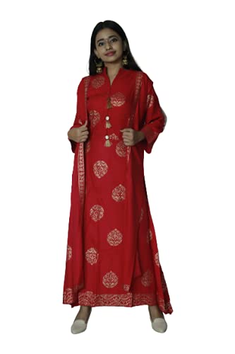 Satguru Clothing Long Foil Print Frock with Chinese Collar Maroon