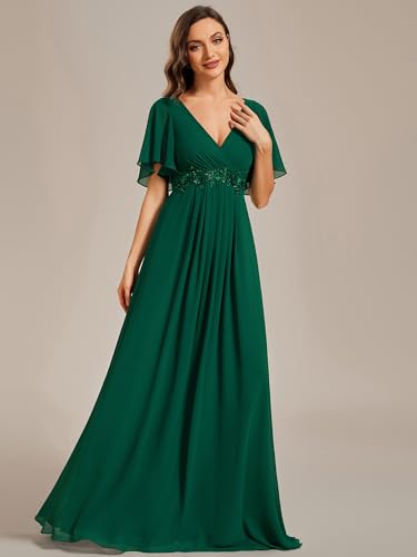Image of Ever-Pretty Womens V Neck Applique Mother of the Bride Dresses Formal Dress | Chiffon, Short Sleeves, Ruched, A-Line, Bridesmaid Dresses, Formal Gown, Black Tie Dress
