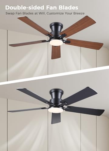 Image of JSAITEE 52Inch Ceiling Fan with Lights Flush Mount Low Profile Brown | Ceiling Fans,DC Reversible Motor, 3CCT Dimmable, Fan for Indoor Bedroom /Outdoor, Brown