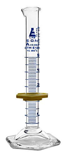 Graduated Cylinder, 5mL - ASTM, Class A Tolerance ±0.05mL - Protective Collar, Hexagonal Base - Blue Graduations - Borosilicate 3.3 Glass - Eisco Labs