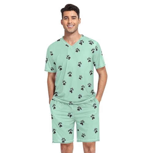 Dog Paw Print Men’s Pajama Sets Short Sleeve Shirt and Pants with Soft Touch Fabric