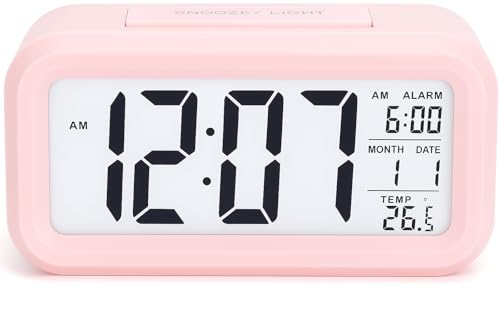 DTL Digital Alarm Clock LED Display with Temperature Big LCD Digit Display Larger LCD Backlit Display Snooze Smart Brightness Sensor for Bedroom Home Office and Travel (Baby Pink)